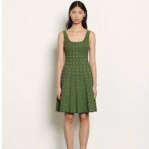 Sandro Paris, Knitted sage green Dress With Silver Bead Jewels
